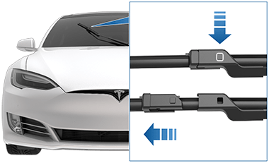 雨刮器片特写,一个箭头指向锁片,另一个箭头指示拉开